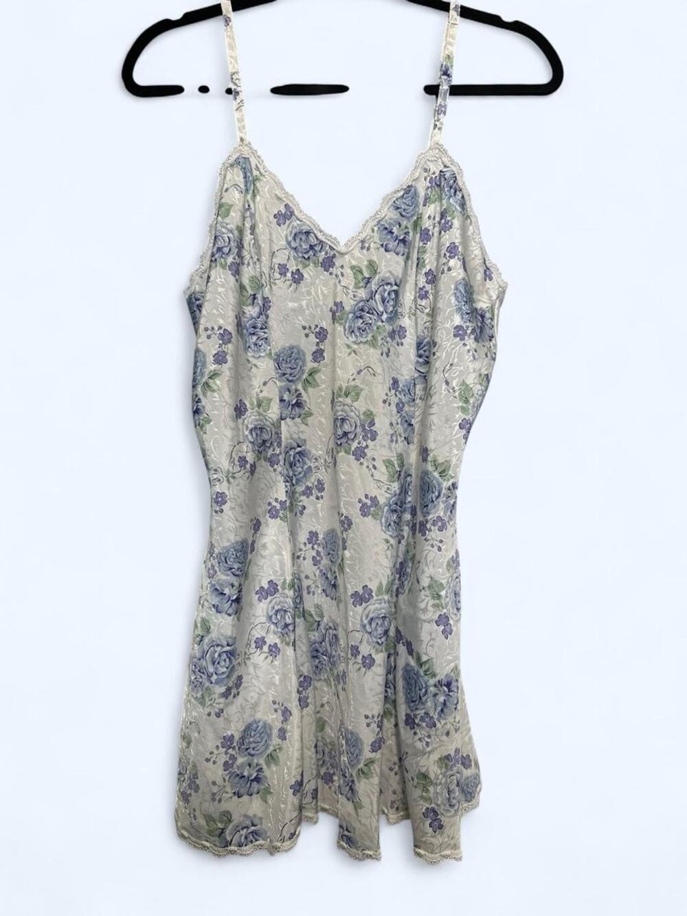 Floral Lace Trim Slip Dress in Blue and Cream